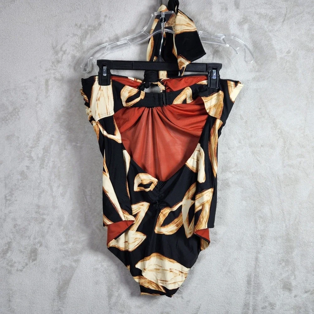 DKNY One Piece Swimsuit Women XL Black Gold Leaf Halter Keyhole Vacation Beach - Picture 2 of 7